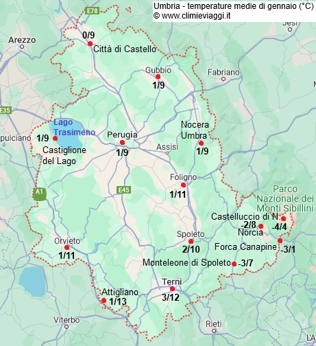 Umbria - mappa con le temperature medie a gennaio