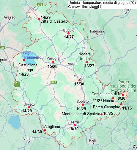 Umbria - mappa con le temperature medie a giugno