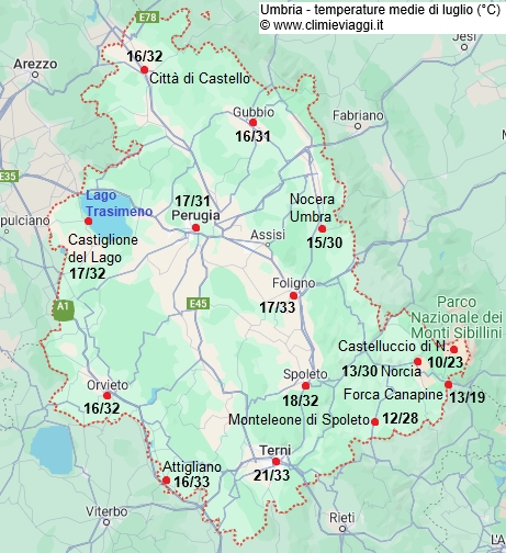 Umbria - mappa con le temperature medie a luglio