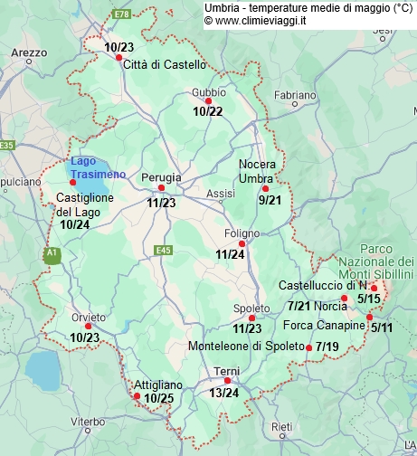 Umbria - mappa con le temperature medie a maggio