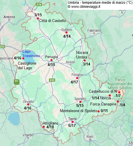 Umbria - mappa con le temperature medie a marzo