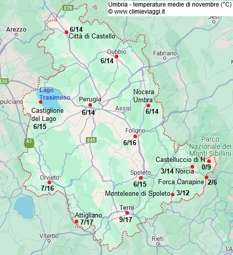Umbria - mappa con le temperature medie a novembre