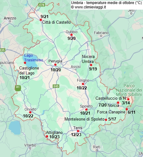 Umbria - mappa con le temperature medie a ottobre