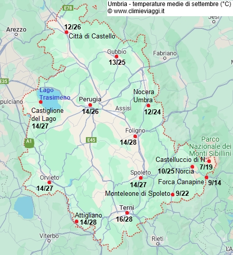 Umbria - mappa con le temperature medie a settembre