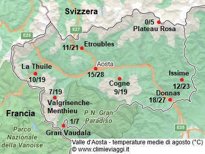 Valle D Aosta - mappa con le temperature medie a agosto