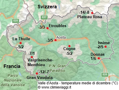 Valle D Aosta - mappa con le temperature medie a dicembre