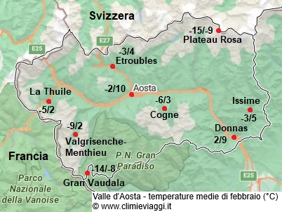 Valle D Aosta - mappa con le temperature medie a febbraio