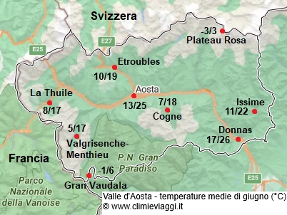 Valle D Aosta - mappa con le temperature medie a giugno