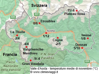Valle D Aosta - mappa con le temperature medie a novembre