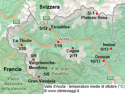 Valle D Aosta - mappa con le temperature medie a ottobre