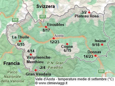 Valle D Aosta - mappa con le temperature medie a settembre