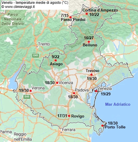 Veneto - mappa con le temperature medie a agosto
