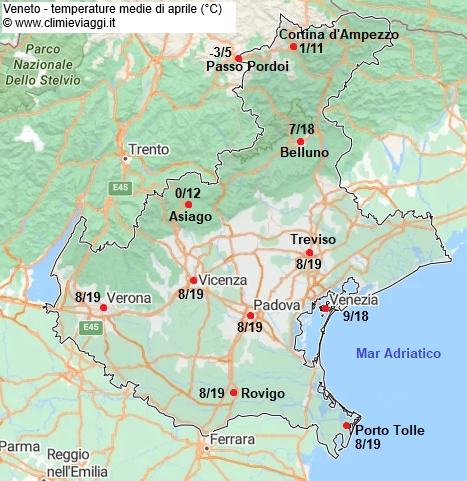 Veneto - mappa con le temperature medie a aprile