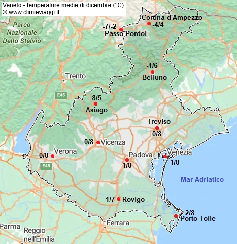 Veneto - mappa con le temperature medie a dicembre