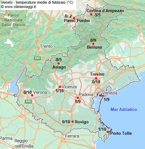 Veneto - mappa con le temperature medie a febbraio