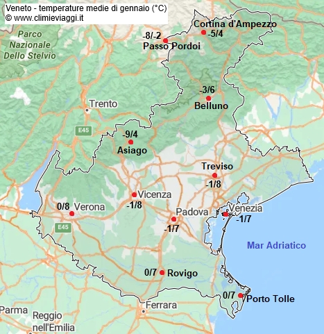 Veneto - mappa con le temperature medie a gennaio