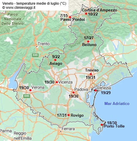 Veneto - mappa con le temperature medie a luglio