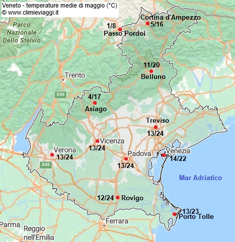 Veneto - mappa con le temperature medie a maggio