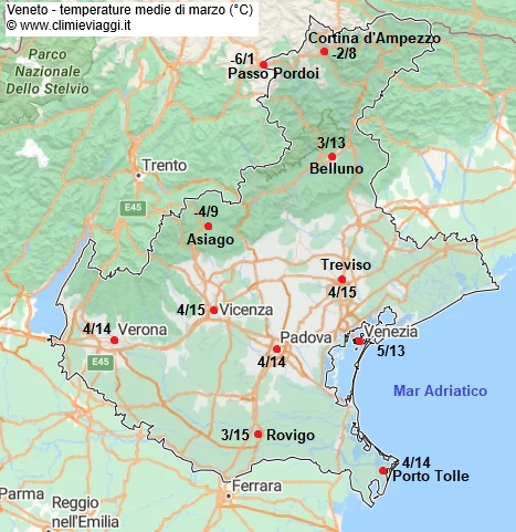Veneto - mappa con le temperature medie a marzo