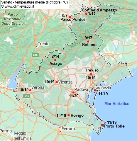 Veneto - mappa con le temperature medie a ottobre