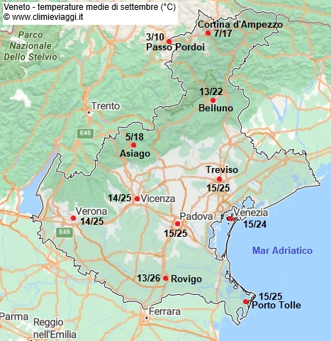 Veneto - mappa con le temperature medie a settembre