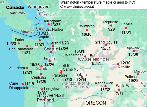 Washington Stato - mappa con le temperature medie a agosto