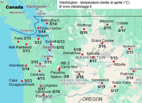 Washington Stato - mappa con le temperature medie a aprile