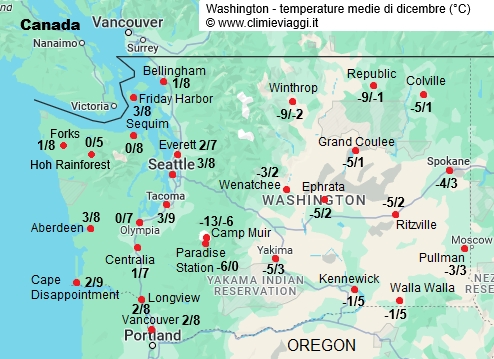 Washington Stato - mappa con le temperature medie a dicembre