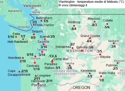 Washington Stato - mappa con le temperature medie a febbraio