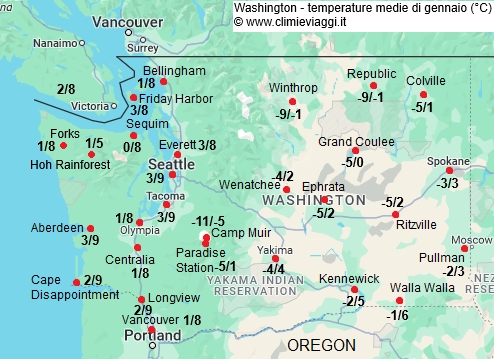 Washington Stato - mappa con le temperature medie a gennaio