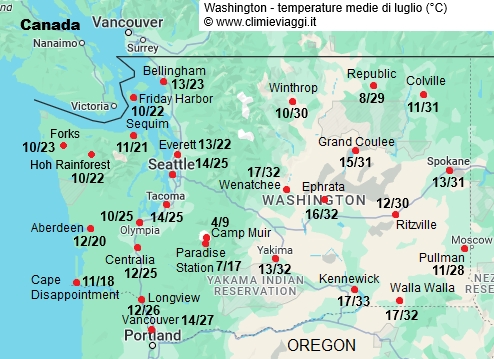 Washington Stato - mappa con le temperature medie a luglio