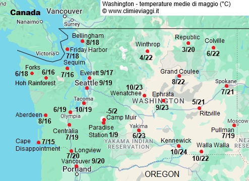 Washington Stato - mappa con le temperature medie a maggio