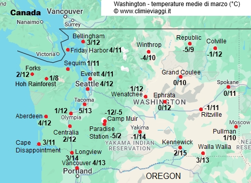 Washington Stato - mappa con le temperature medie a marzo