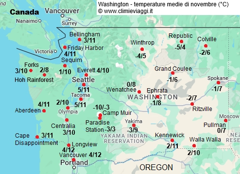 Washington Stato - mappa con le temperature medie a novembre