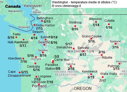 Washington Stato - mappa con le temperature medie a ottobre