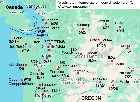 Washington Stato - mappa con le temperature medie a settembre
