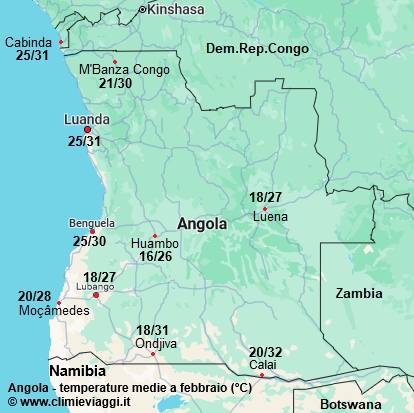 Angola - mappa con le temperature medie a febbraio