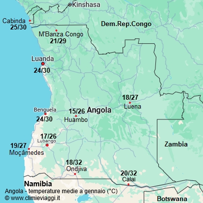 Angola - mappa con le temperature medie a gennaio
