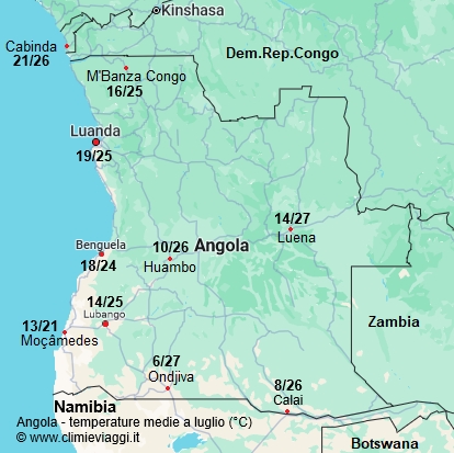 Angola - mappa con le temperature medie a luglio