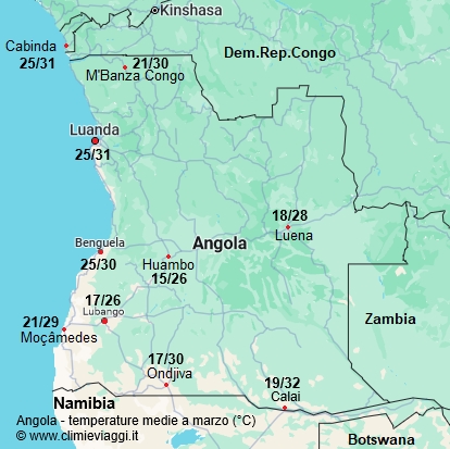 Angola - mappa con le temperature medie a marzo