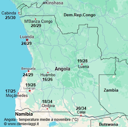 Angola - mappa con le temperature medie a novembre