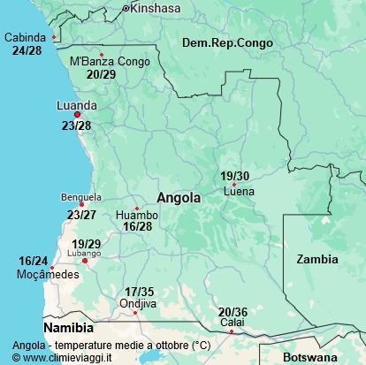 Angola - mappa con le temperature medie a ottobre