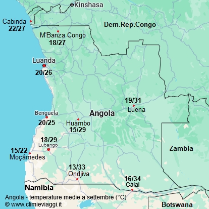 Angola - mappa con le temperature medie a settembre