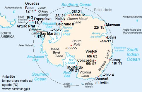 Antartide - mappa con le temperature medie a agosto (minime e massime)