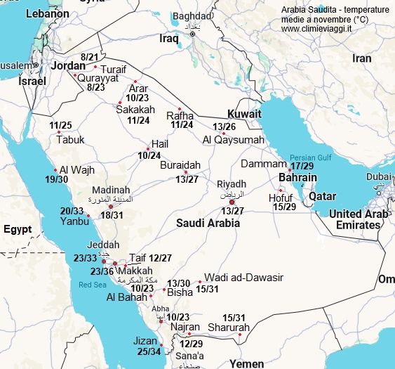 Arabia Saudita - mappa con le temperature medie a novembre