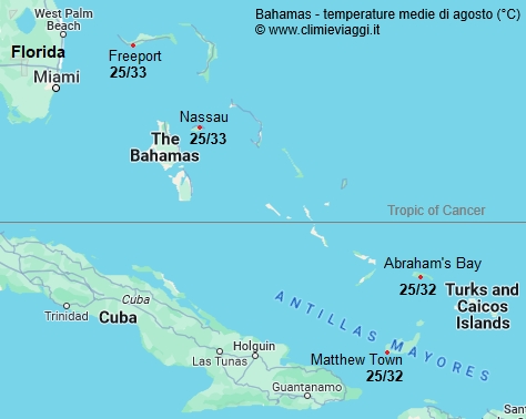 Bahamas - mappa con le temperature medie a agosto