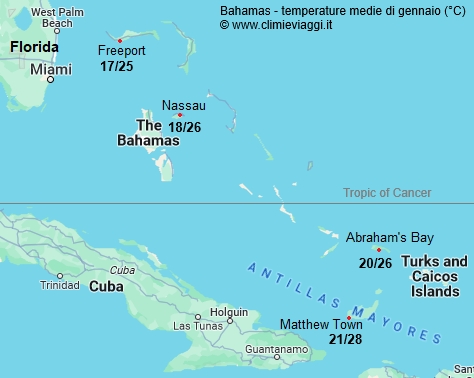 Bahamas - mappa con le temperature medie a gennaio