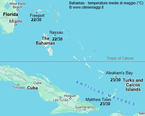 Bahamas - mappa con le temperature medie a maggio