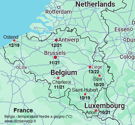 Belgio - mappa con le temperature medie a giugno (minime e massime)