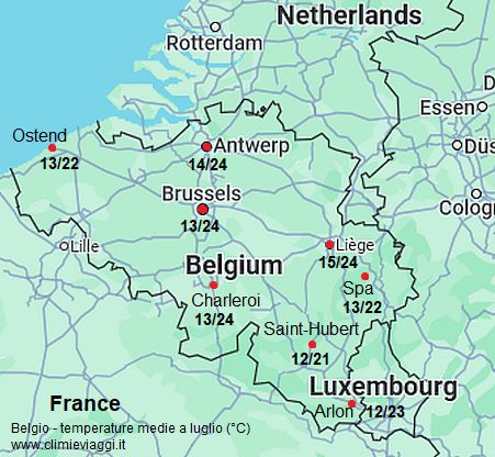 Belgio - mappa con le temperature medie a luglio (minime e massime)